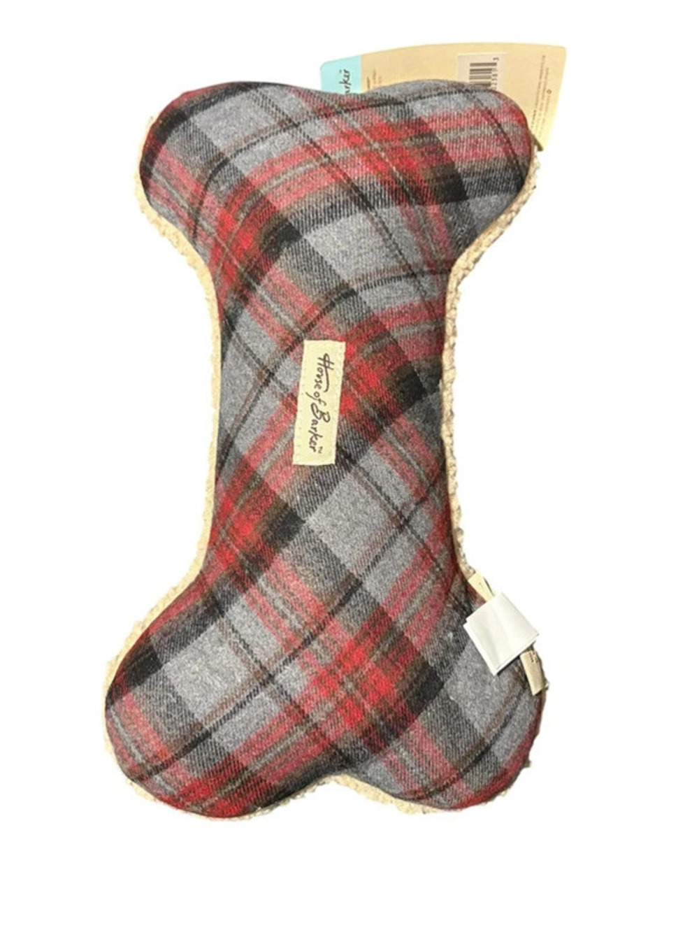 House of Barker Plaid Bone Shaped Dog Toy Sherpa Trim New With Tags